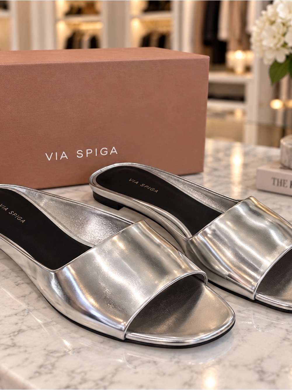 Via Spiga Metallic Patent Slide Silver Sandals Mirror Finish Size 8